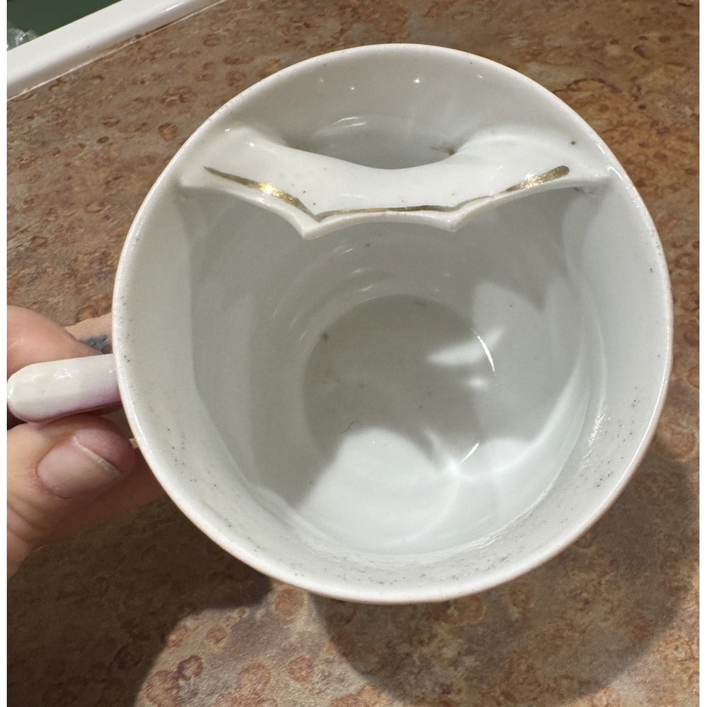 Antique German Porcelain Mustache Cup Pink Floral Raised HUSBAND Victorian As Is - Picture 4 of 10
